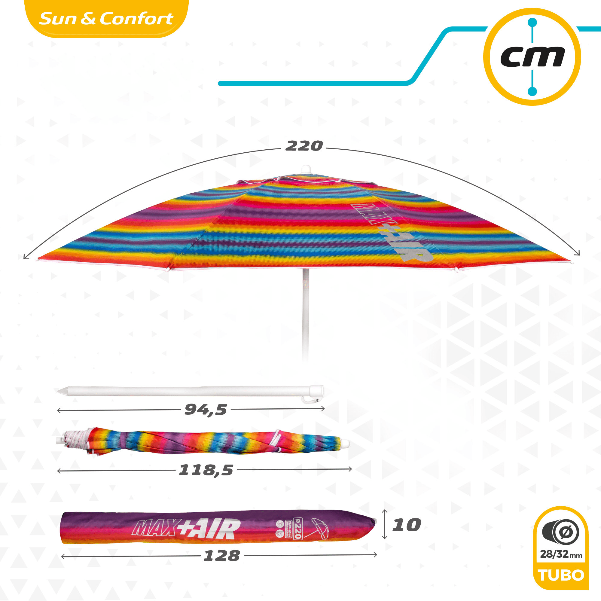 Sombrilla Playa Grande, 200cm / 220cm, Inclinable, Protección UV 50, Hecha de Aluminio y Tela Oxford con Revestimiento, Forma Única para Favorecer la Ventilación, 8 Varillas Resistentes y Flexibles, Ancho Tubo 28/32mm