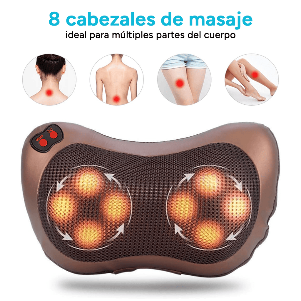 Almohada Masaje con 8 Cabezales de Masaje con Rotación Bidireccional, 3 Velocidades Ajustables, Función de Calor Suave, Ideal para Casa o Viajes, Perfecto para Cuello, Espalda, Piernas y Brazos, Diseño Ergonómico, Materiales Duraderos