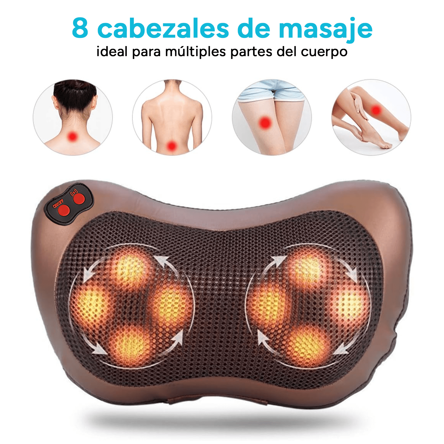 Almohada Masaje con 8 Cabezales de Masaje con Rotación Bidireccional, 3 Velocidades Ajustables, Función de Calor Suave, Ideal para Casa o Viajes, Perfecto para Cuello, Espalda, Piernas y Brazos, Diseño Ergonómico, Materiales Duraderos