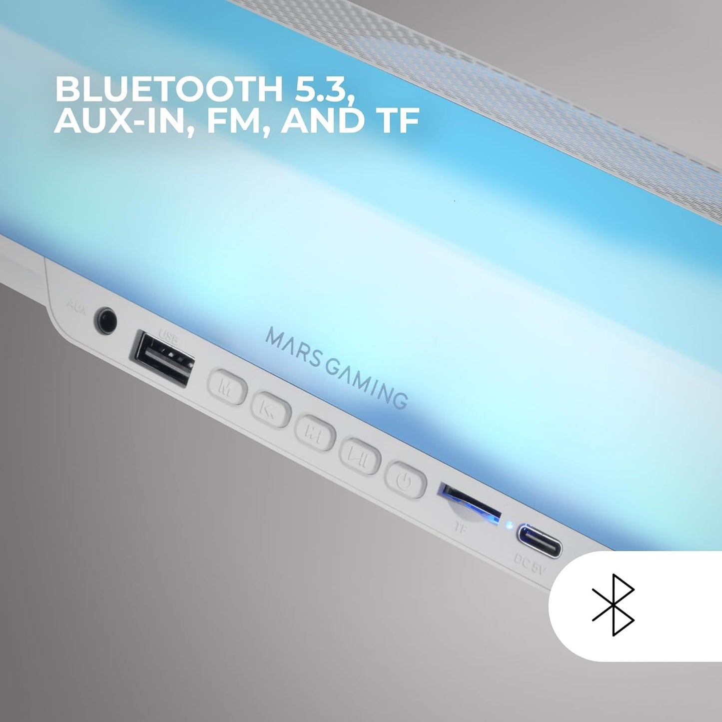 Mars Gaming MSB-Orb, Altavoz Portátil + Barra de Sonido 20W, Iluminación Orbilight RGB 360º, Soundbar con Sistema de Triple Driver, Altavoces Gaming Bluetooth 5.3 / USB/MicroSD/AUX/FM, Blanco