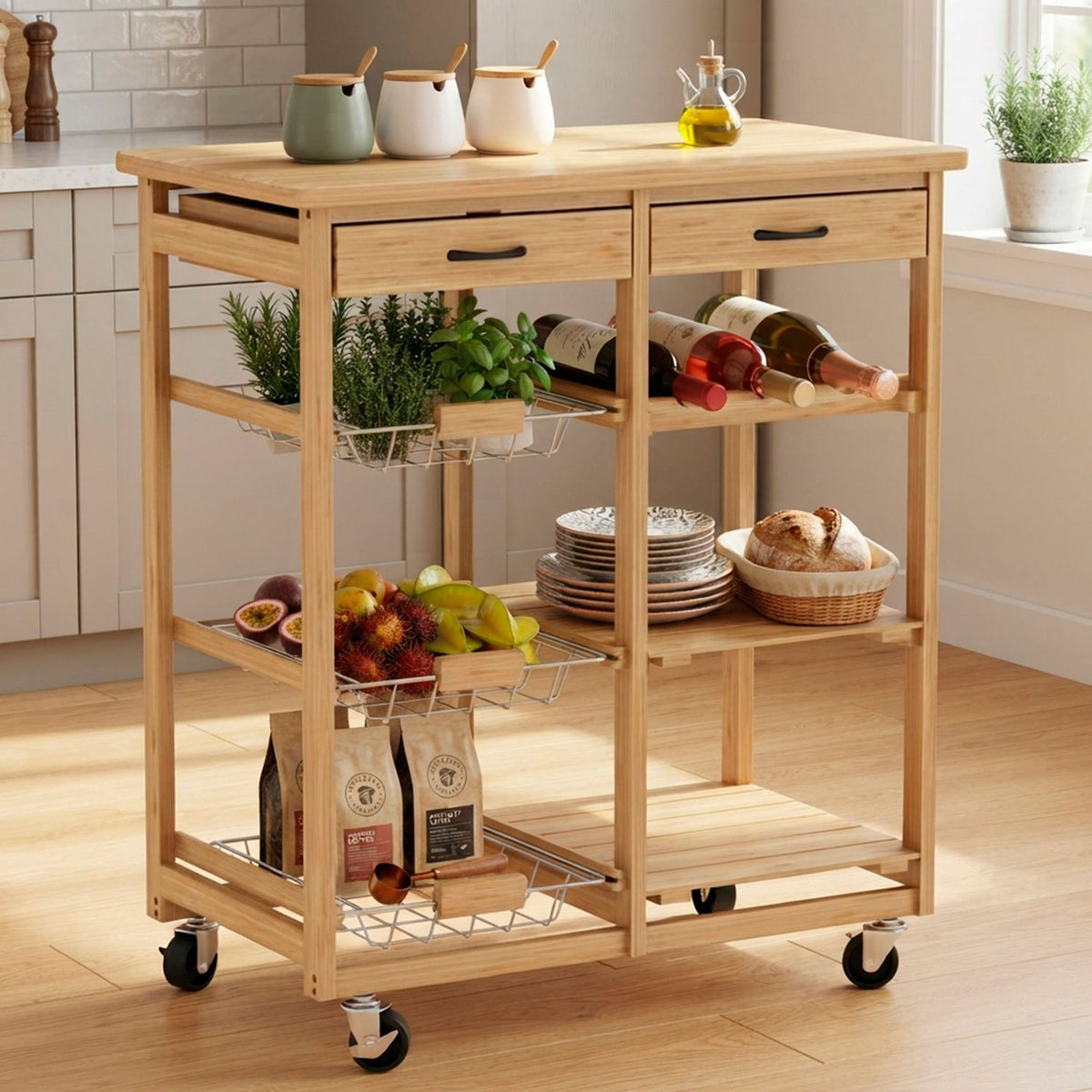 Carro Auxiliar de Cocina de Bambú con Ruedas, Carrito Organizador con 2 Cajones, Estantes y Cestas Extraíbles, Diseño Multifuncional para Almacenamiento y Servicio, 68 x 37 x 75 cm