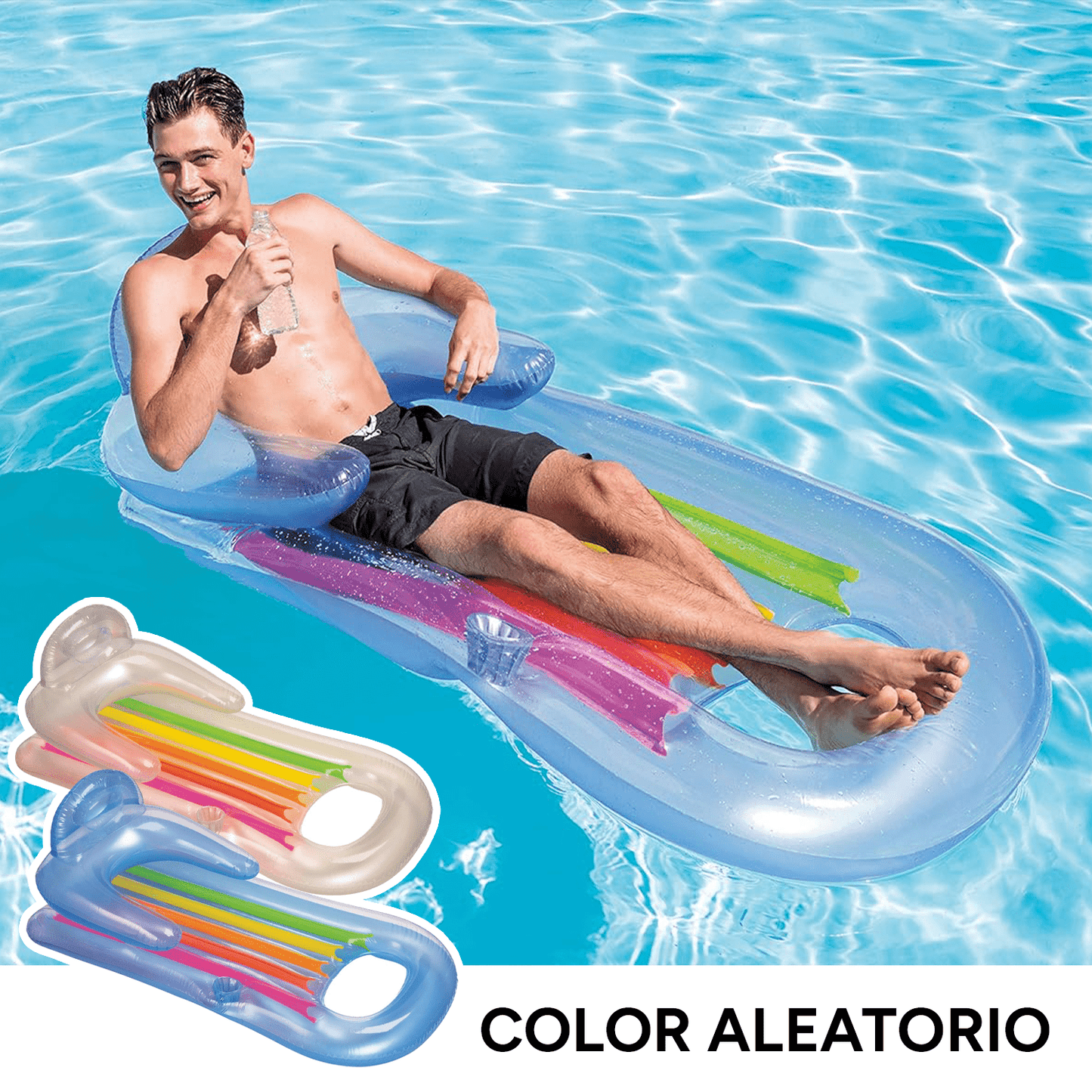 Colchoneta Inflable Piscina, Hamaca de Agua Flotante con Respaldo y Porta Bebidas, Hecha de Vinilo Ultra Resistente, Con 2 Cámaras de Aire para Mayor Seguridad, Incluye Parche para Reparar Pequeños Poros o Pinchazos, 100kg Peso Máximo, Color Aleatorio