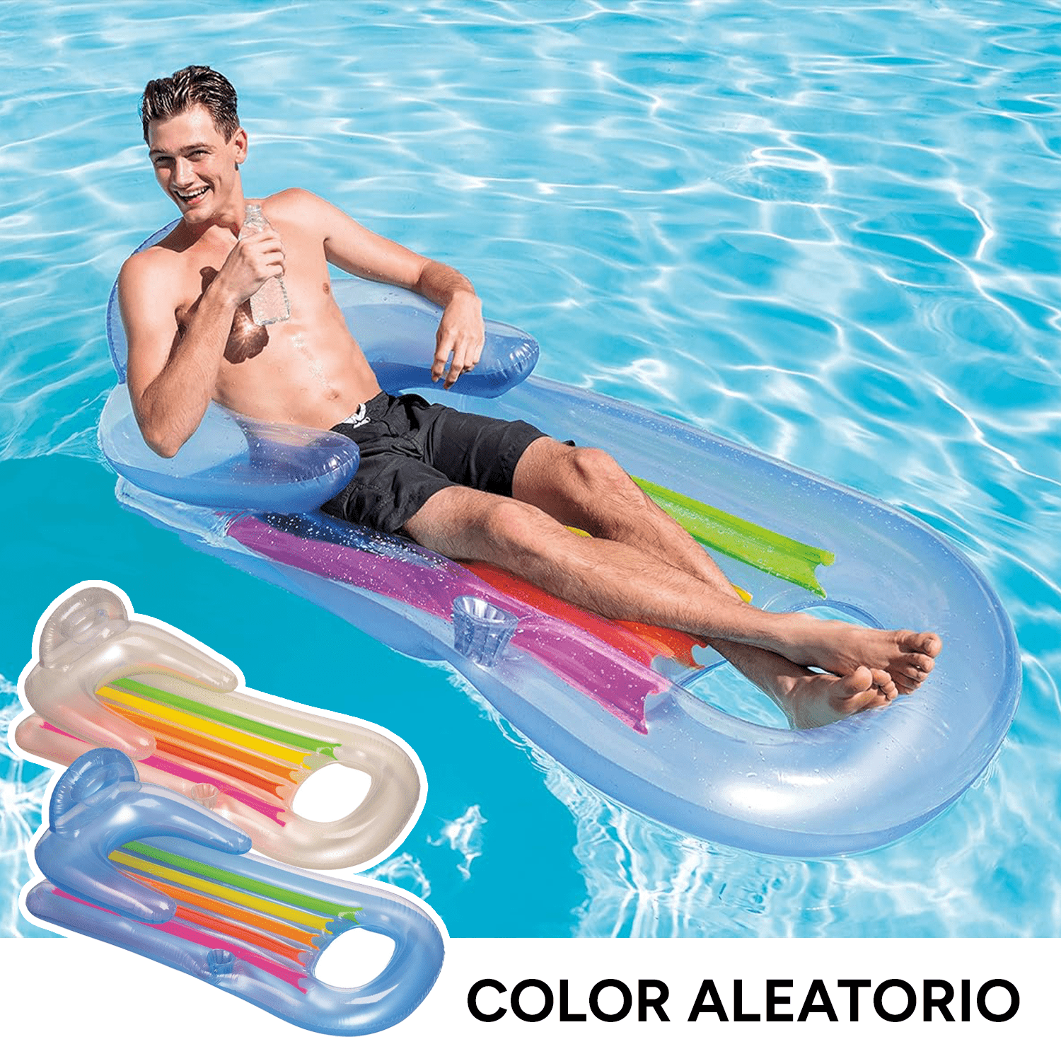 Colchoneta Inflable Piscina, Hamaca de Agua Flotante con Respaldo y Porta Bebidas, Hecha de Vinilo Ultra Resistente, Con 2 Cámaras de Aire para Mayor Seguridad, Incluye Parche para Reparar Pequeños Poros o Pinchazos, 100kg Peso Máximo, Color Aleatorio