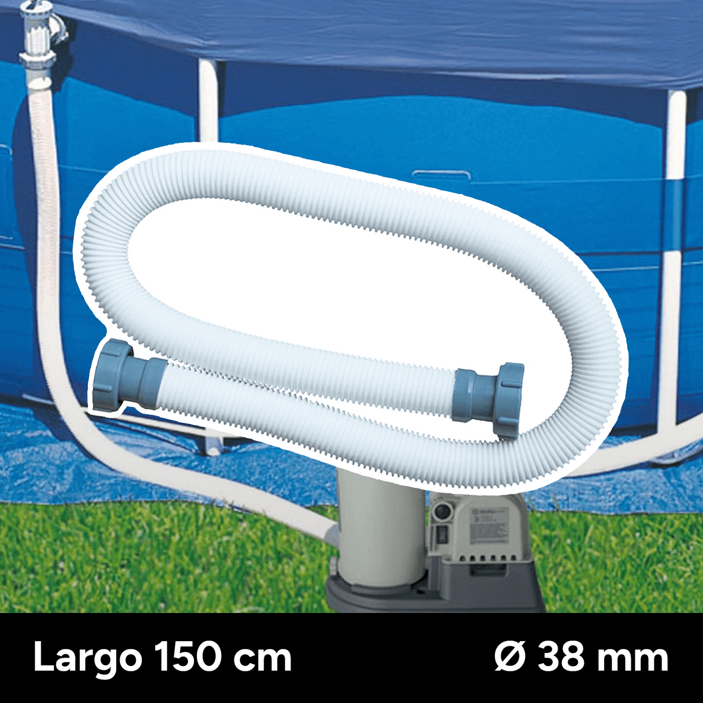 Manguera de Bomba Piscina de 150 cm y 38 mm de Diámetro, Compatible con Depuradoras de Cartucho, Arena y Cloradores Salinos con Conexión de 38mm, Fabricada en Plástico de Alta Resistencia y Duración, Dispone de Conexiones en Ambos Extremos