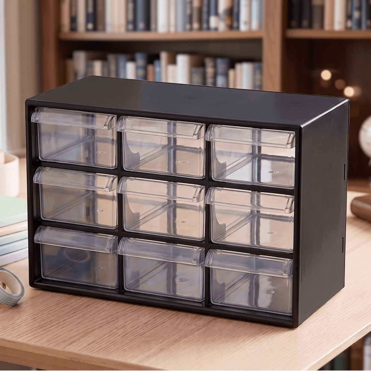 Organizador Multiusos Cajones, Caja de Almacenamiento de Plástico Duradero y Ligero, Perfecto para Todo Tipo de Escritorios, Ideal para Organizar, 9 Compartimientos, Negro