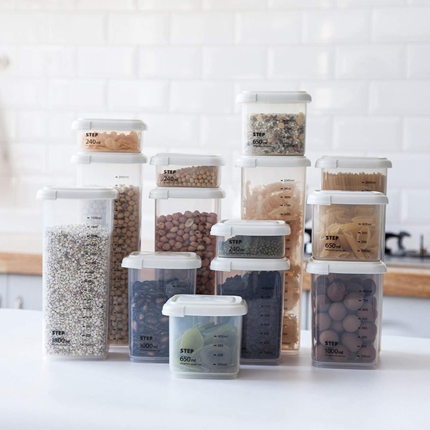Recipientes Almacenamiento Cocina, Set de 4 Recipientes de Botes Cocina Almacenaje de Plástico, Capacidad para 240ml, 650ml, 1000ml y 2200ml, Cierre Hermético con Tapa, Apilables