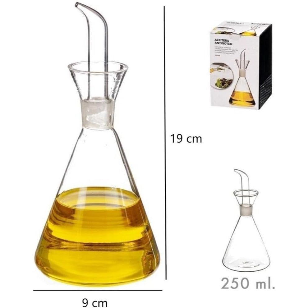 Aceitera Cónica Antigoteo de 250 ml, Cristal de borosilicato, adecuada para aceite, vinagres y salsas liquidas, 19x9 cm