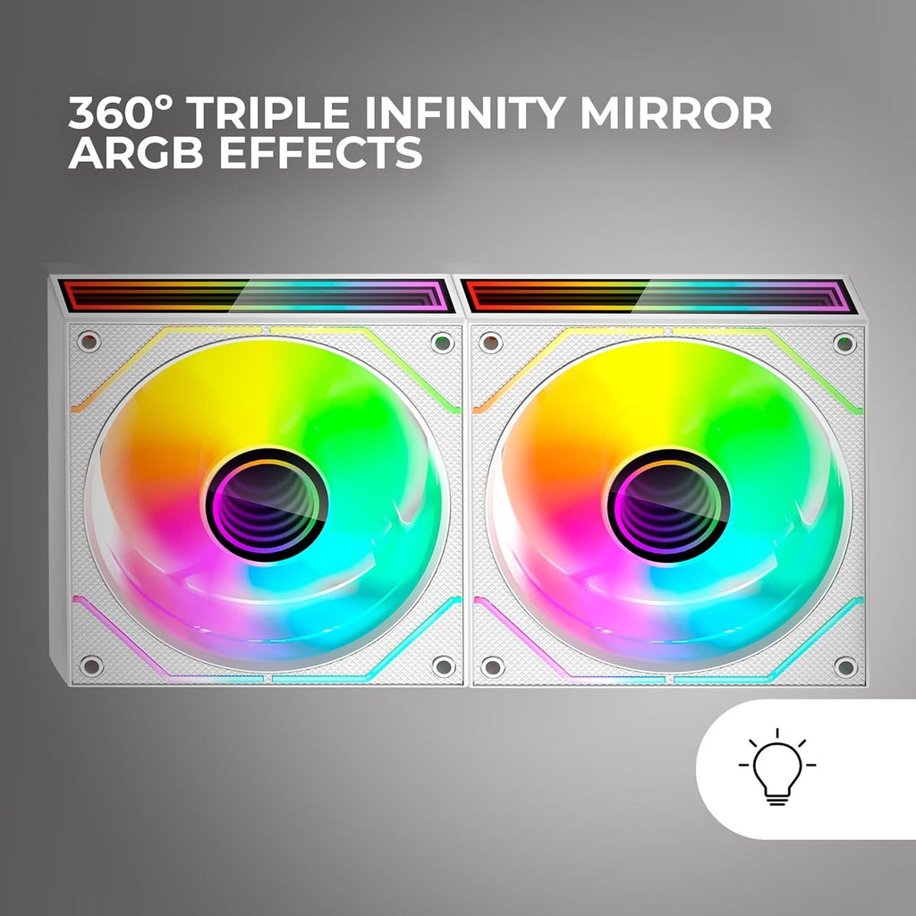 Mars Gaming MF-3DPROX2R, Kit 2x Ventiladores 120mm, Aspas Invertidas, Iluminación ARGB Triple Infinity Mirror 360°, Control PWM, Rodamientos FDB, Ventiladores PC con Compatibilidad Total ARGB, Blanco