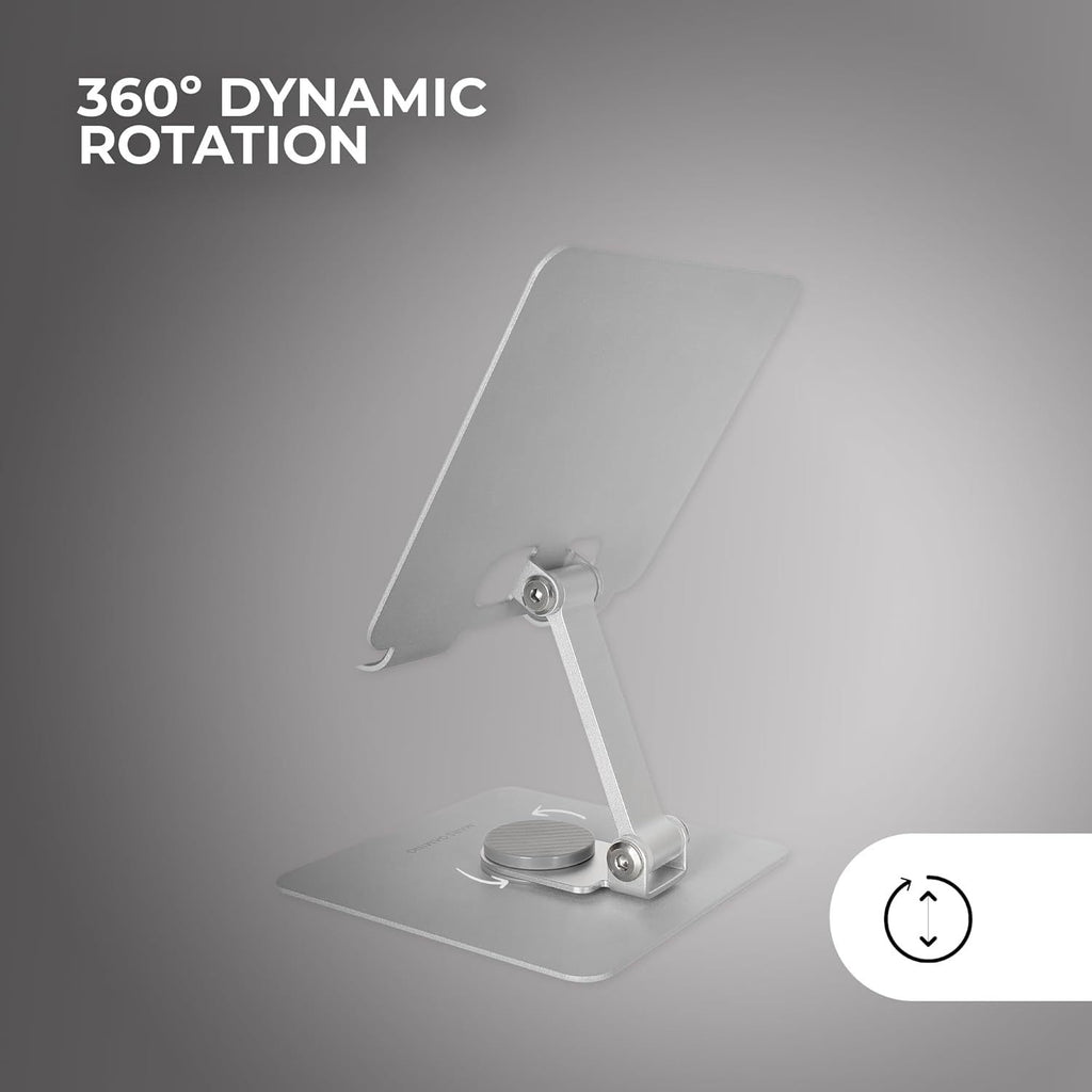 Mars Gaming MA-RST, Soporte para Tablet y Convertibles 2en1 hasta 13", Giratorio 360º + Ajustable en Altura y Ángulo 180º, Soporte Tablet Plegable de Acero Liviano, Antideslizante, Gris Plateado