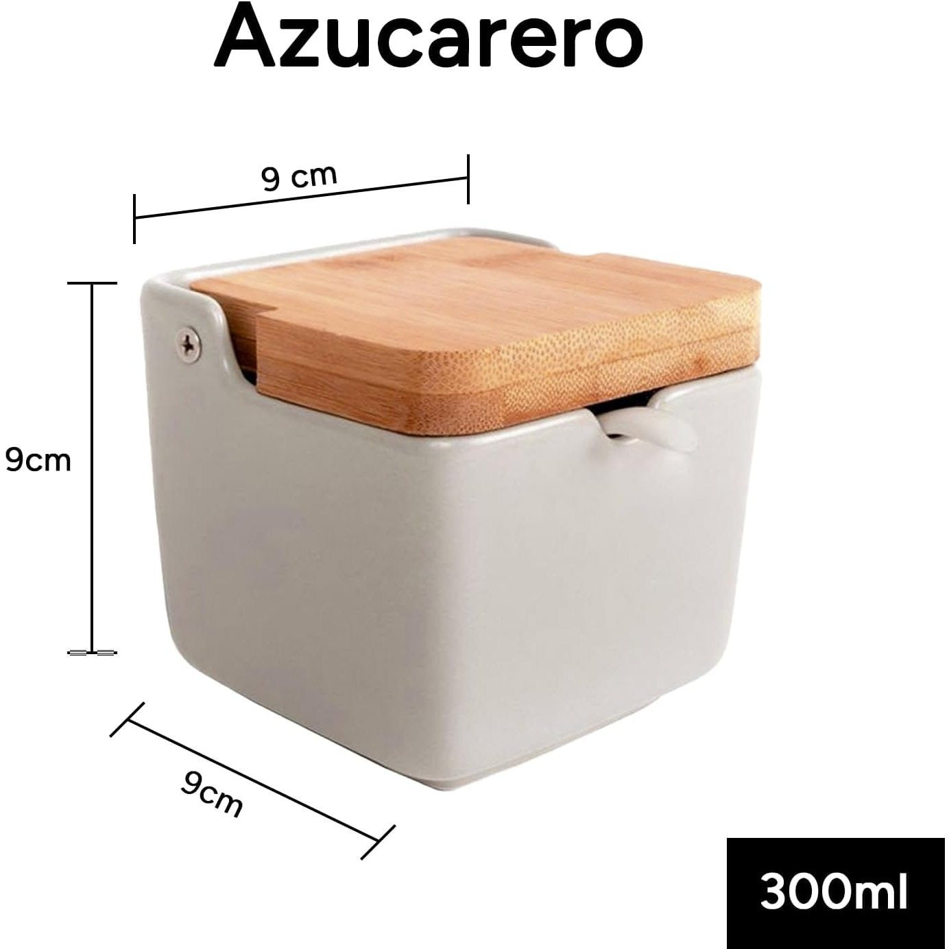 Azucarero Cocina con Tapa, Hecho de Cerámica y Madera, Capacidad de 300ml, Recipiente para Especias y Aliños, Natural, 9 x 9 x 9 cm