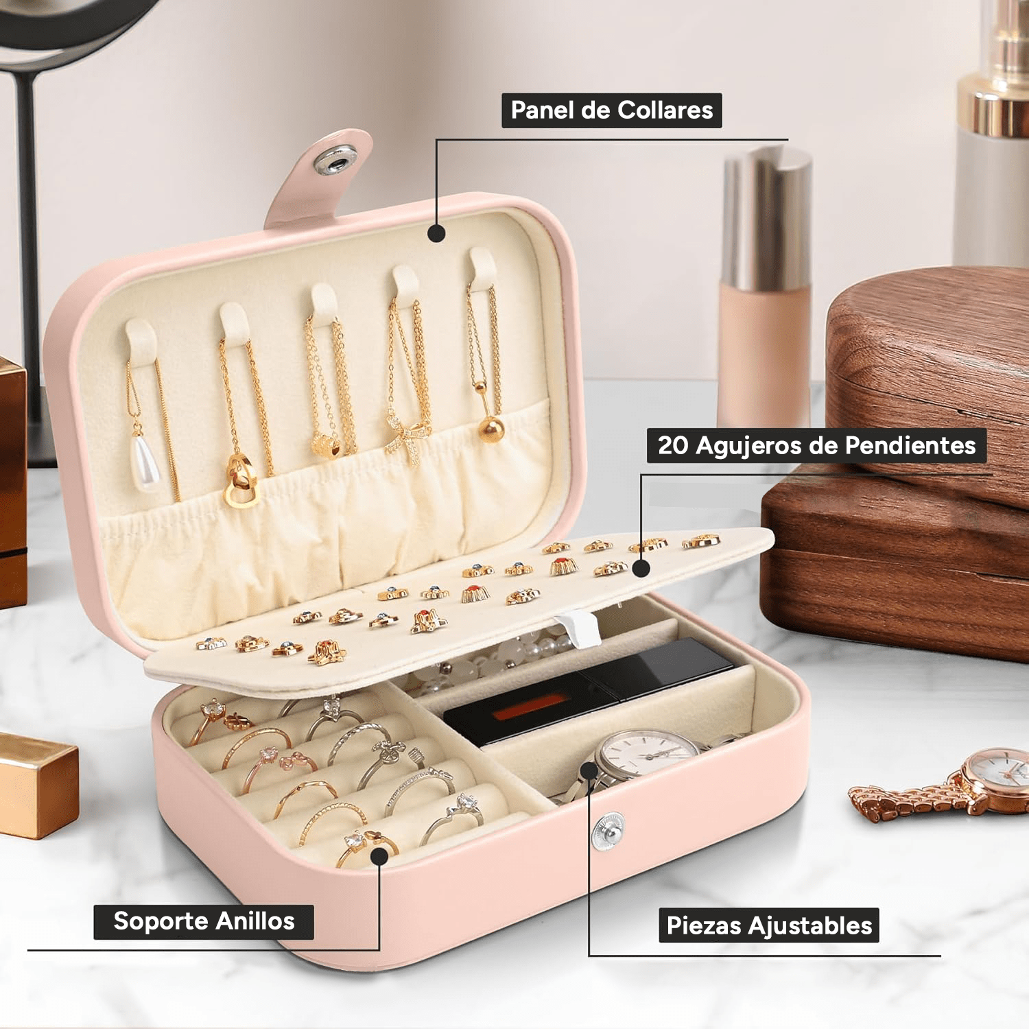 Joyeros Organizador de Mujer con Múltiples Compartimentos y Espacios, Impermeable, Cremallera Resistente, Interior Suave para Proteger las Joyas del Desgaste, 16cm Largo x 11.5cm Ancho x 5cm Alto, Caja Organizadora de Joyas
