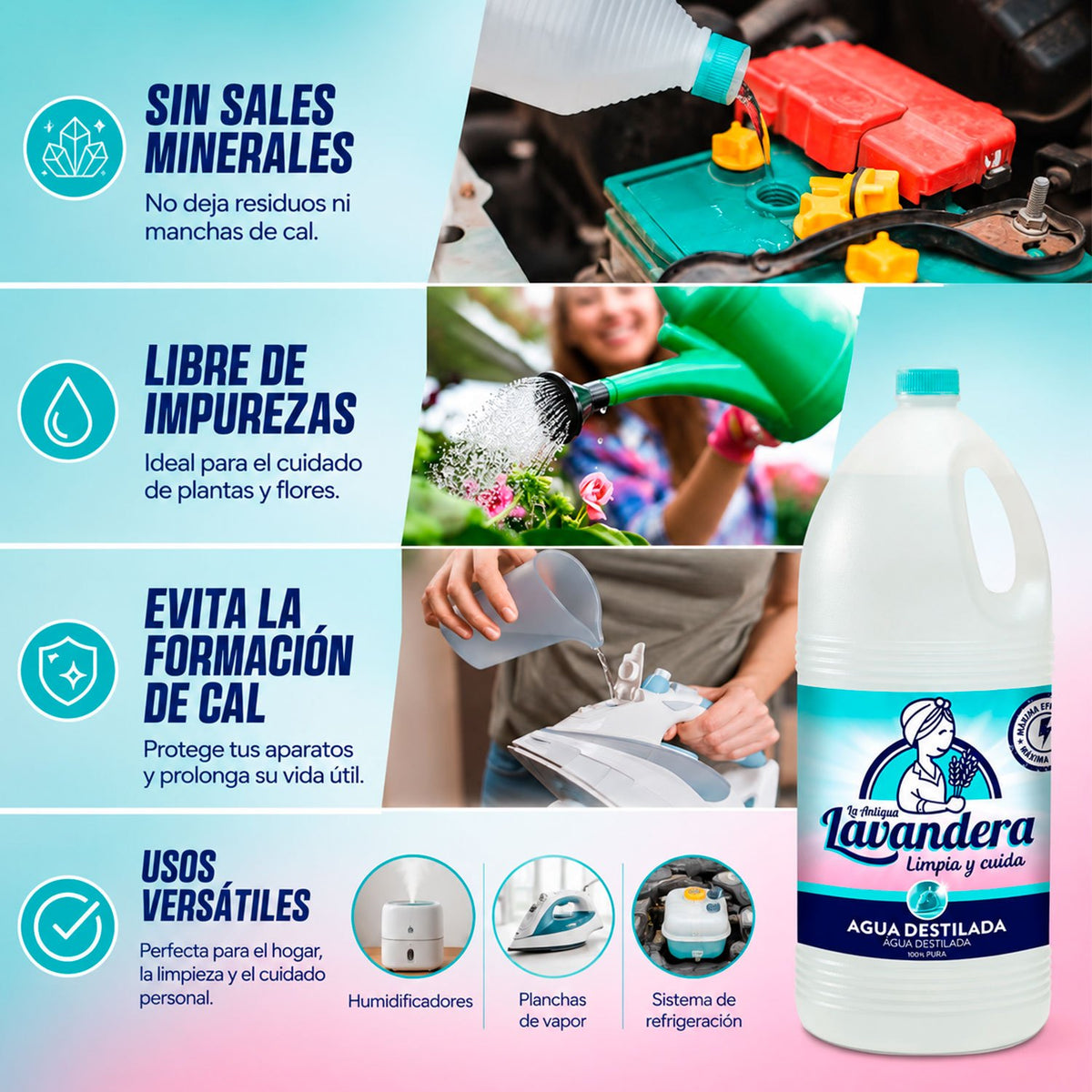 La Antigua Lavandera Agua Destilada, Agua Desmineralizada Multiusos de Uso Doméstico, para Humidificadores y Planchas, Ayuda a Evitar Depósitos de Cal en Equipos, 5 L