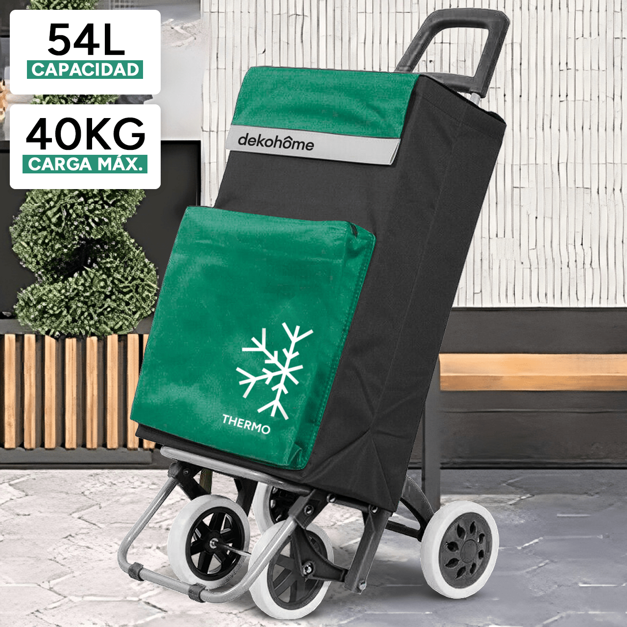 Carro Compra Plegable 4 Ruedas con Bolsillo Térmico para Congelados, Carro Plegable con Ruedas, 54 Litros de Capacidad y 40 Kg de Carga Máxima, Compartimentos Extra, Ruedas Grandes Resistentes para Facilitar el Movimiento y el Transporte del Peso