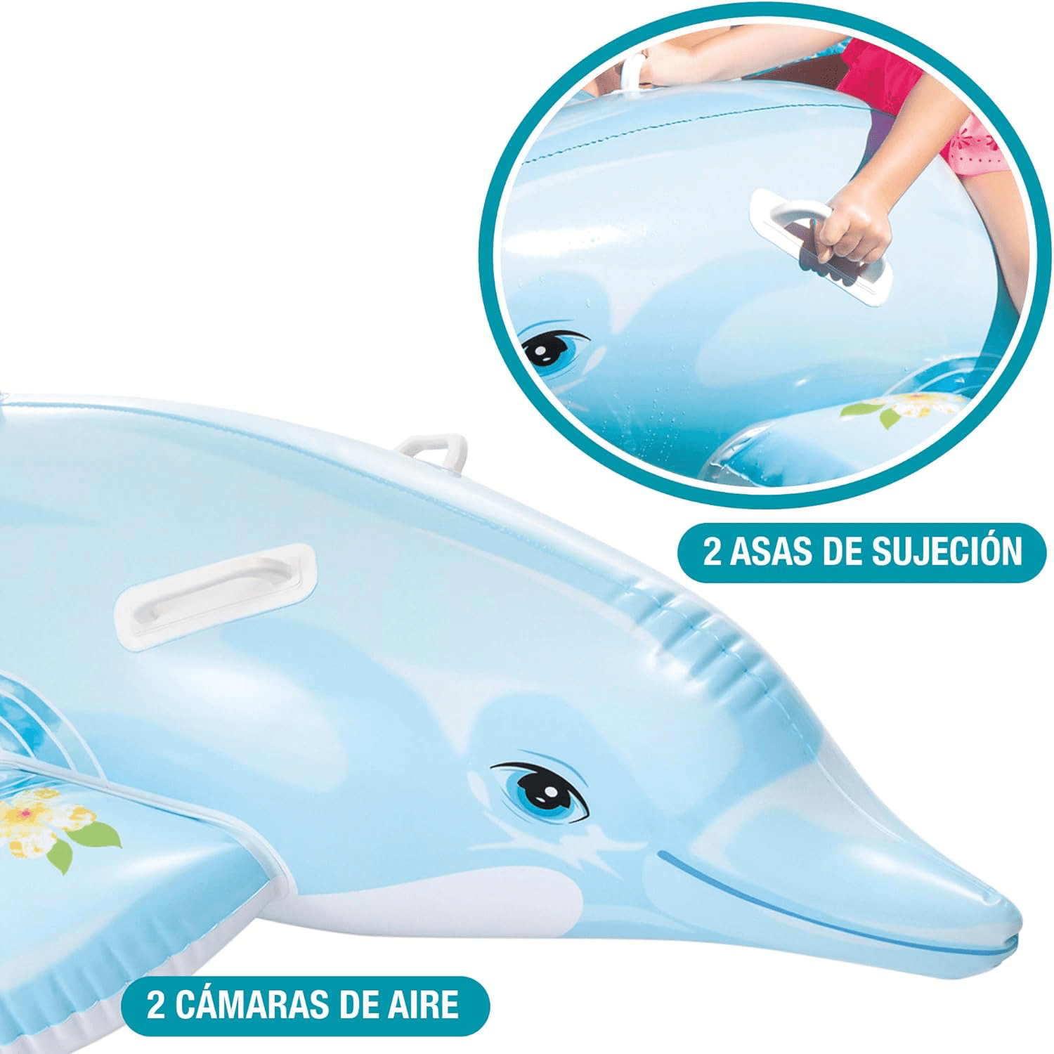 Flotador Piscina Delfín Hinchable Grande con 2 Asas, Hecha de Vinilo Ultra Resistente, Con 2 Cámaras de Aire para Mayor Seguridad y 2 Asas Resistentes para Mayor Sujeción y Estabilidad, Incluye Kit de Parches para Reparar Pequeños Poros o Pinchazos
