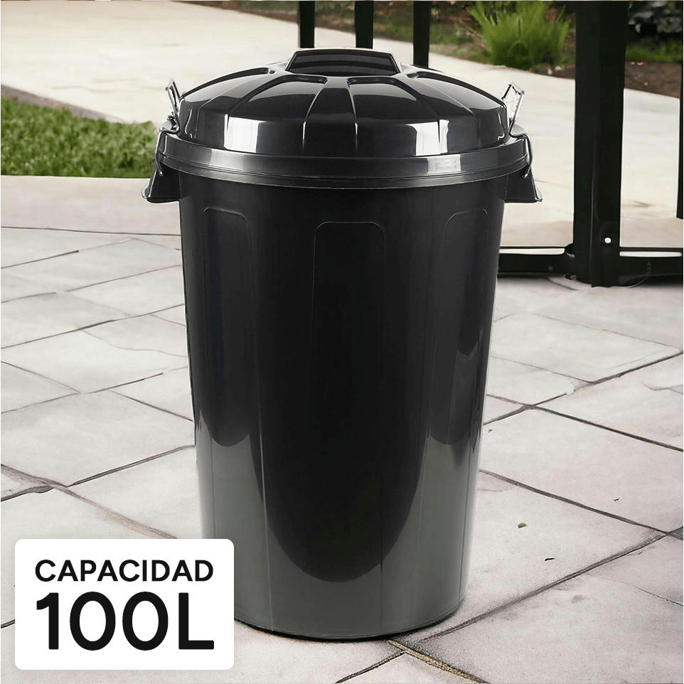 Cubo Basura 100 Litros de capacidad con Tapa. Fabricado en Plastico Resistente, Ideal para Almacenaje de Basura para el Hogar, Oficina o Industria