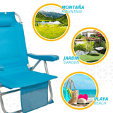 Silla Plegable Playa Reclinable y Resistente. Soporta hasta 100kg. 5 Posiciones, Respaldo Reclinable, Cojín Acolchado, Bolsillo Frontal. Sistema Antivuelco. Estructura Reforzada. Hecha de Aluminio y Poliéster. Ideal para Playa, Jardín