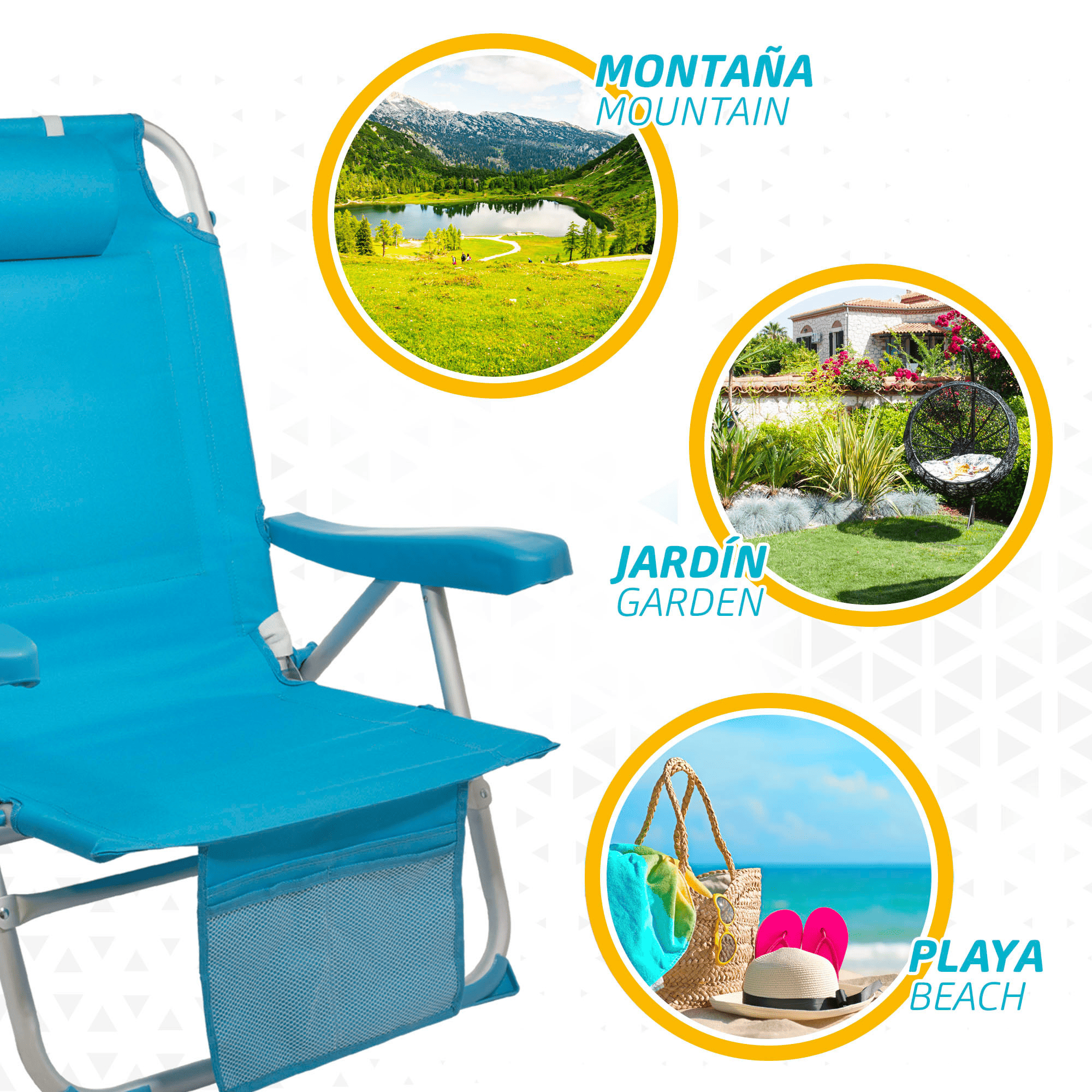 Silla Plegable Playa Reclinable y Resistente. Soporta hasta 100kg. 5 Posiciones, Respaldo Reclinable, Cojín Acolchado, Bolsillo Frontal. Sistema Antivuelco. Estructura Reforzada. Hecha de Aluminio y Poliéster. Ideal para Playa, Jardín
