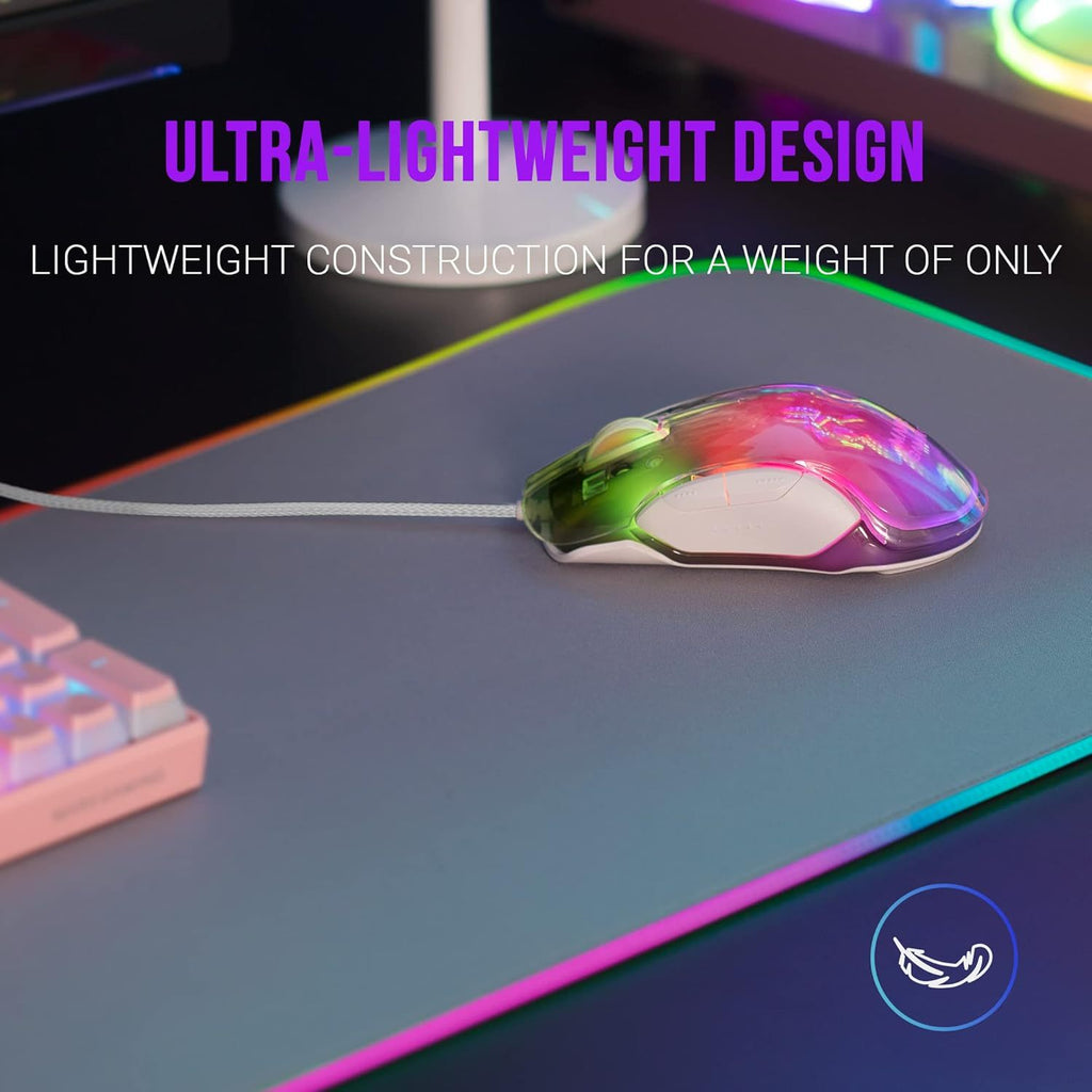 Mars Gaming MMGLOW, Ratón Gaming Ultraligero con Iluminación RGB Chroma-Glow, Sensor Óptico 12800 dpi, Cable Feather Paracord, Switches Huano, Software Personalizable, Blanco