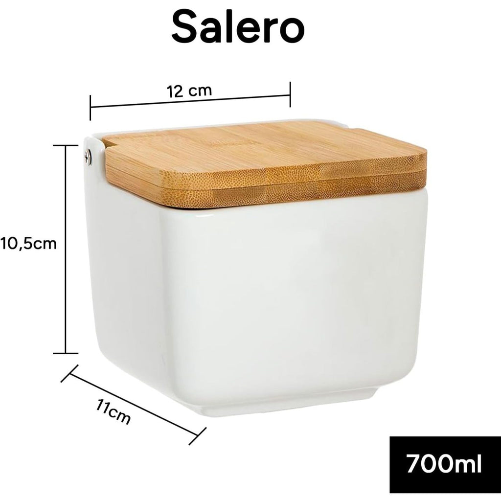Salero Cocina con Tapa, Hecho de Cerámica y Madera, Capacidad de 700ml, Recipiente para Especias y Aliños, Blanco, 12 x 11 x 10,5 cm