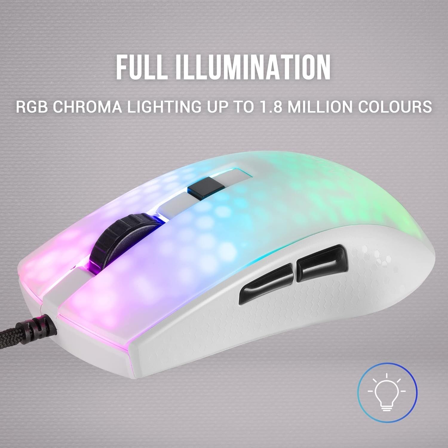 Mars Gaming MMR, Ratón Gaming RGB Chroma, Estructura Translúcida Ultra-Ligera 58 g, 12800 dpi, Switches Mecánicos HUANO, Blanco