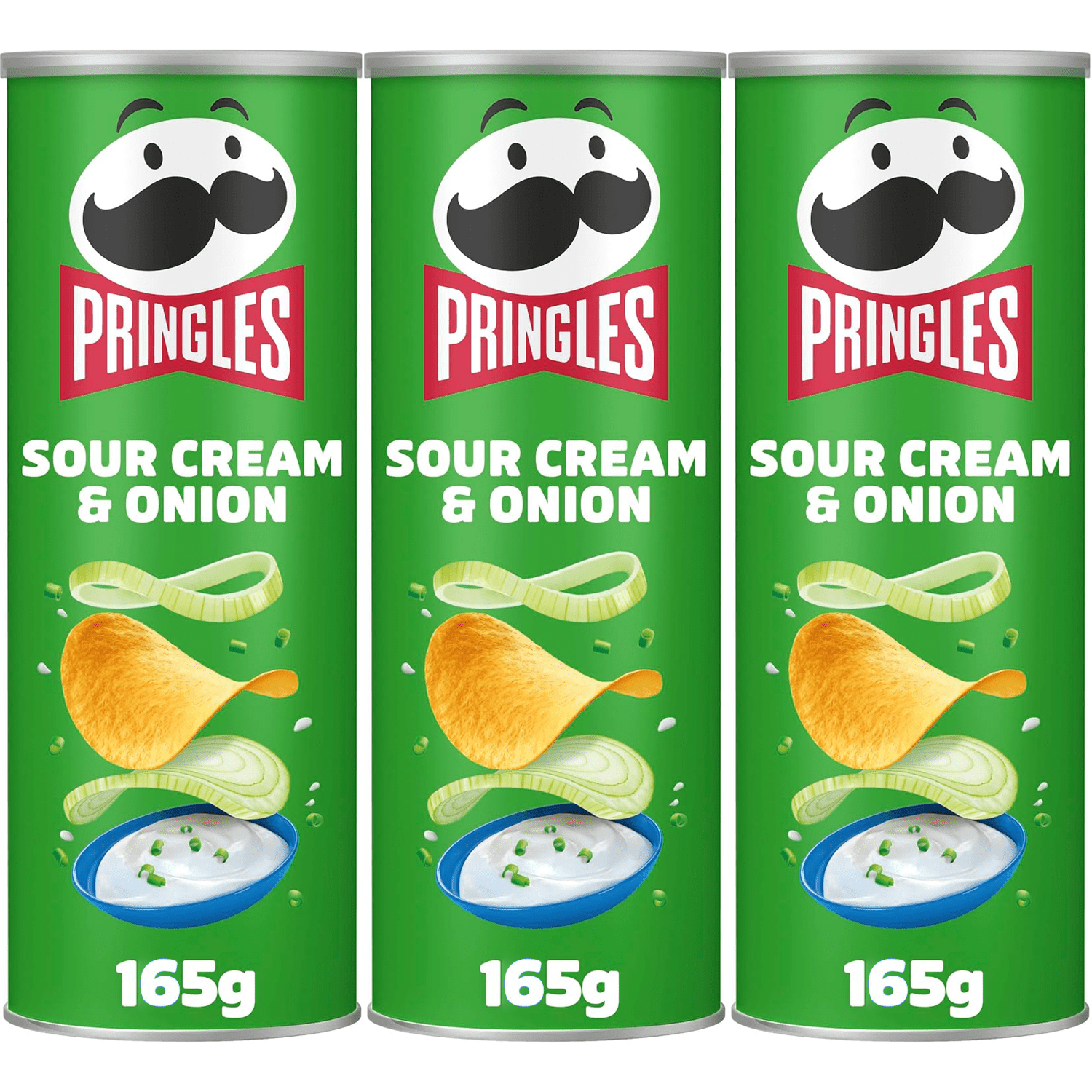 Pringles Sour Cream & Onion, Snack de Patatas Fritas sabor Crema Agria y Cebolla, Tamaño XL de 165g, Pack de 3 Unidades