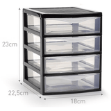 Cajonera Almacenamiento Plástico de Sobremesa, 4 Cajones, Ideal para Ordenar y Organizar el Hogar, Negro, 18 x 22.5 x 23cm