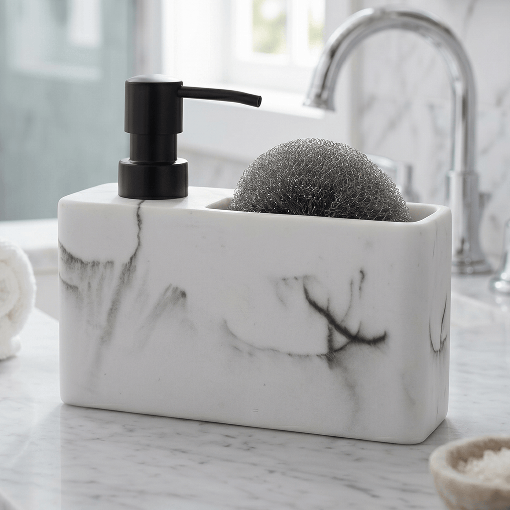 Dispensador Jabón Cocina y Estropajo Efecto Marmol, Dispensador de Lavado de Manos con Recipiente Rellenable y Estropajo, Ideal para Cocina y Baño, 18.5 x 6.3 x 15.6cm