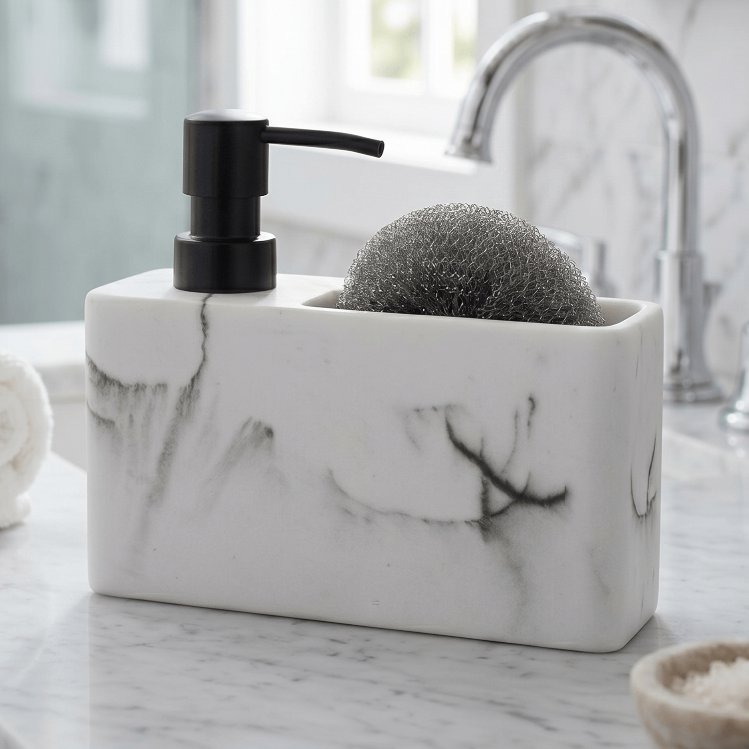 Dispensador Jabón Cocina y Estropajo Efecto Marmol, Dispensador de Lavado de Manos con Recipiente Rellenable y Estropajo, Ideal para Cocina y Baño, 18.5 x 6.3 x 15.6cm