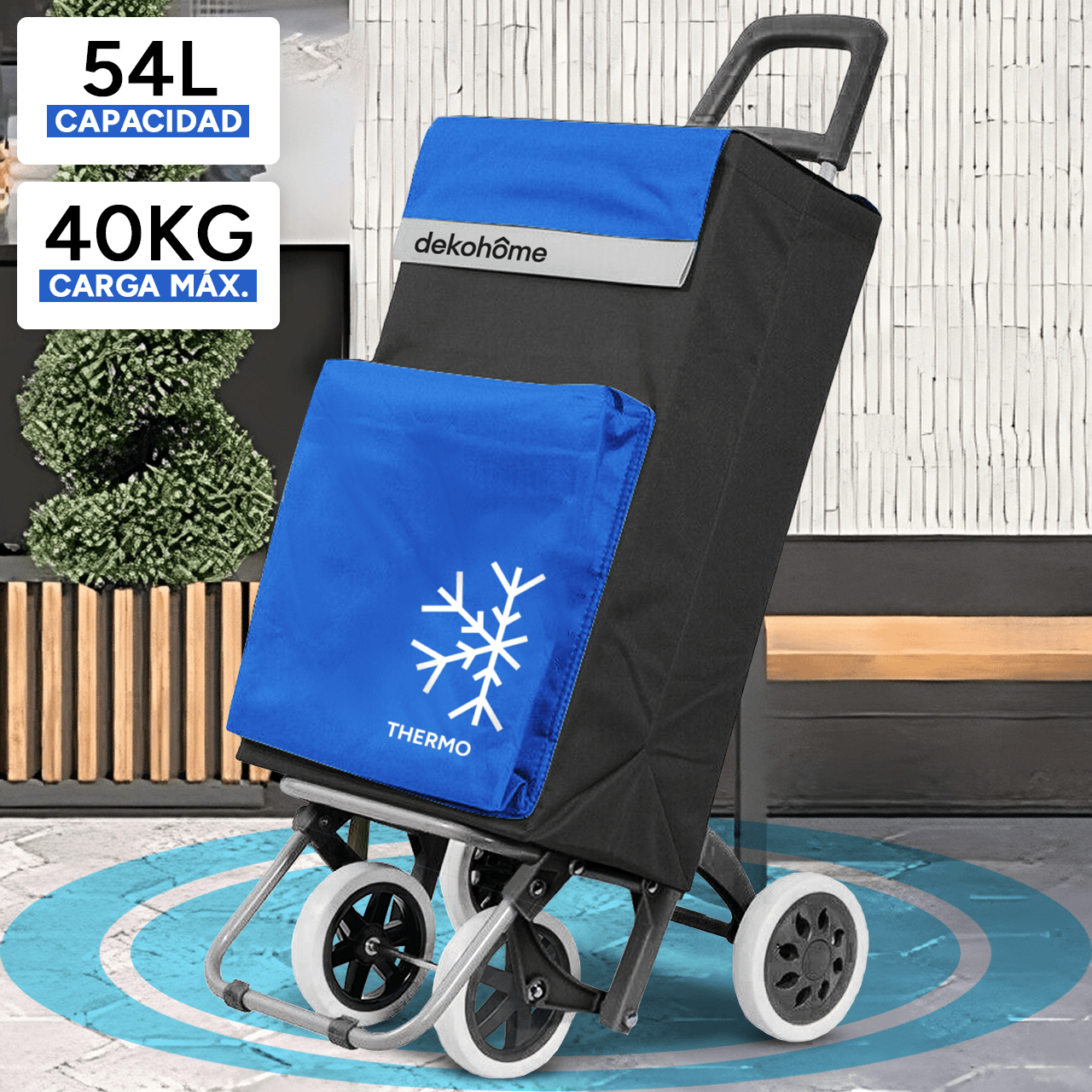 Carro Compra Plegable 4 Ruedas con Bolsillo Térmico para Congelados, Carro Plegable con Ruedas, 54 Litros de Capacidad y 40 Kg de Carga Máxima, Compartimentos Extra, Ruedas Grandes Resistentes para Facilitar el Movimiento y el Transporte del Peso