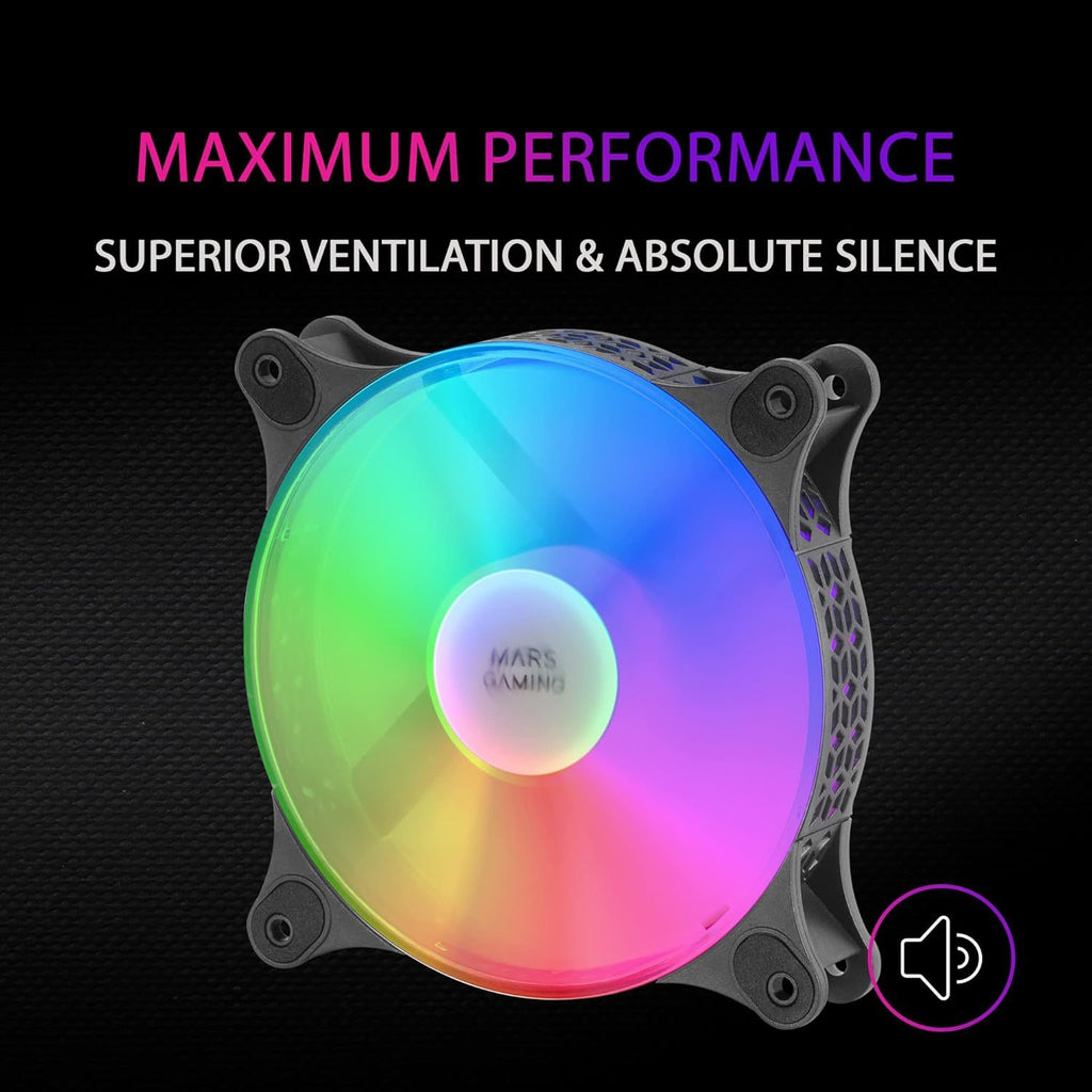 Mars Gaming MFDUO, Kit 2x Ventiladores de 120mm FRGB Rainbow 360°, Ultra-silencioso, Doble Conexión 3PIN + 4PIN, Negro