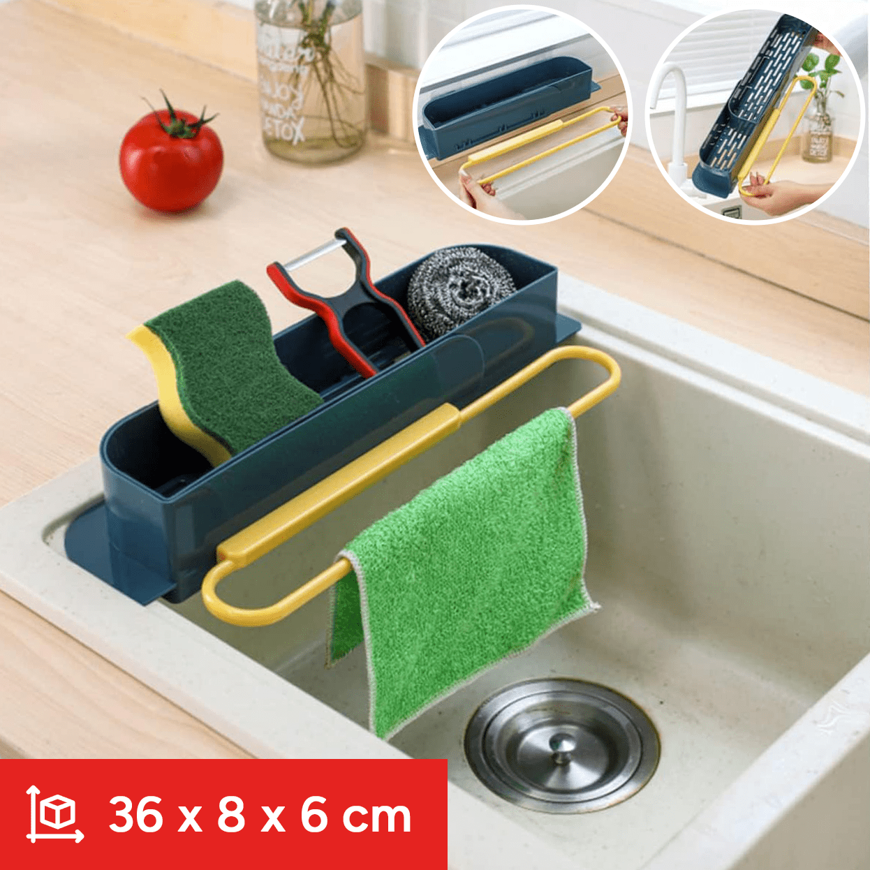 Organizador Fregadero Cocina Extensible, Adaptable a cualquier Fregadero y a todo tipo de Superficies, Incluye Ventosas para Mayor Sujeción, 2 Compartimentos Espaciosos y Colgador de Paños, 36 x 8 x 6 cm