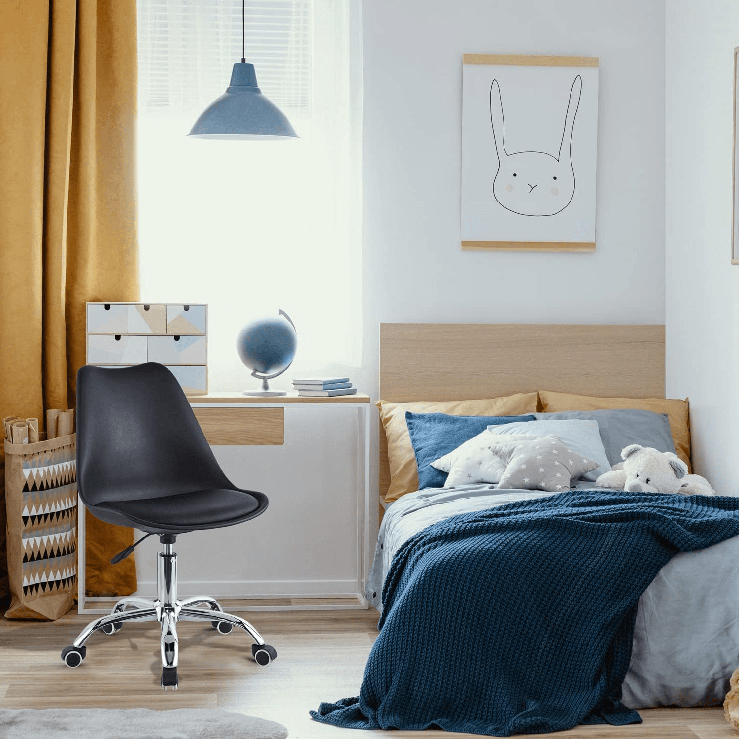 Silla Escritorio Ergonómica con Ruedas, Silla Oficina Giratoria con Altura Ajustable, Acolchada, Estilo Nórdico, Ideal para Estudio y Oficina