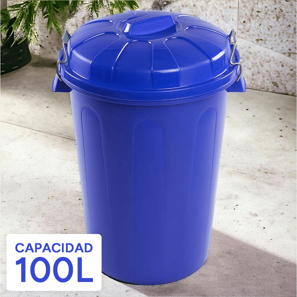 Cubo Basura 100 Litros de capacidad con Tapa. Fabricado en Plastico Resistente, Ideal para Almacenaje de Basura para el Hogar, Oficina o Industria