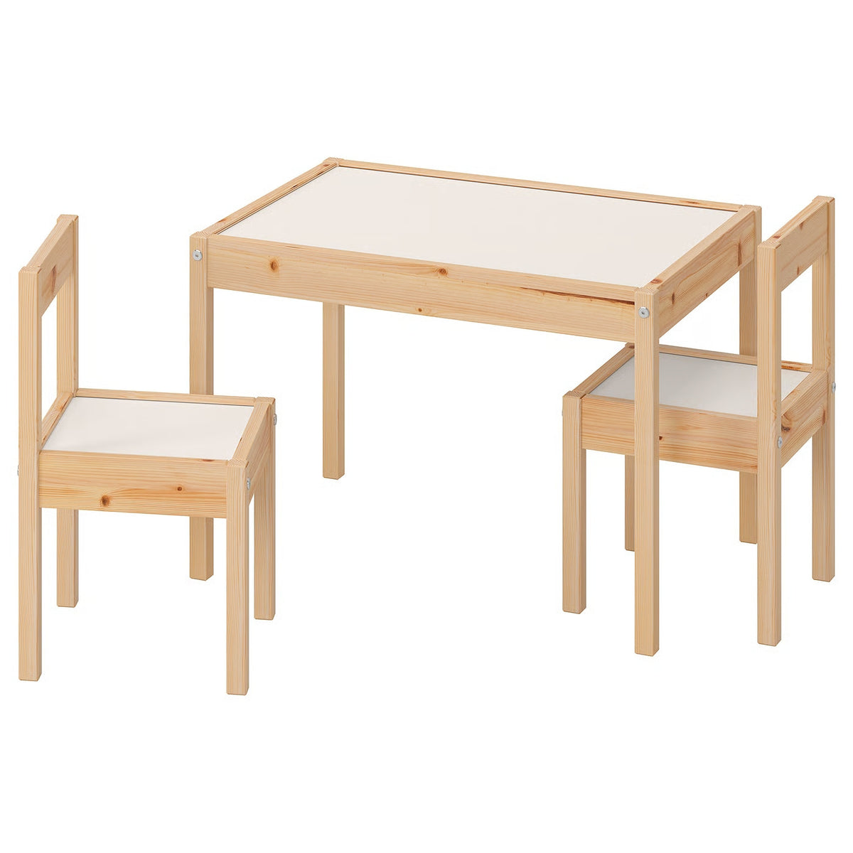Mesa para Niños con 2 Sillas, Hechas de Pino Macizo, Superficie Laminada Blanca Fácil de Limpiar, Ideal para Espacios Reducidos