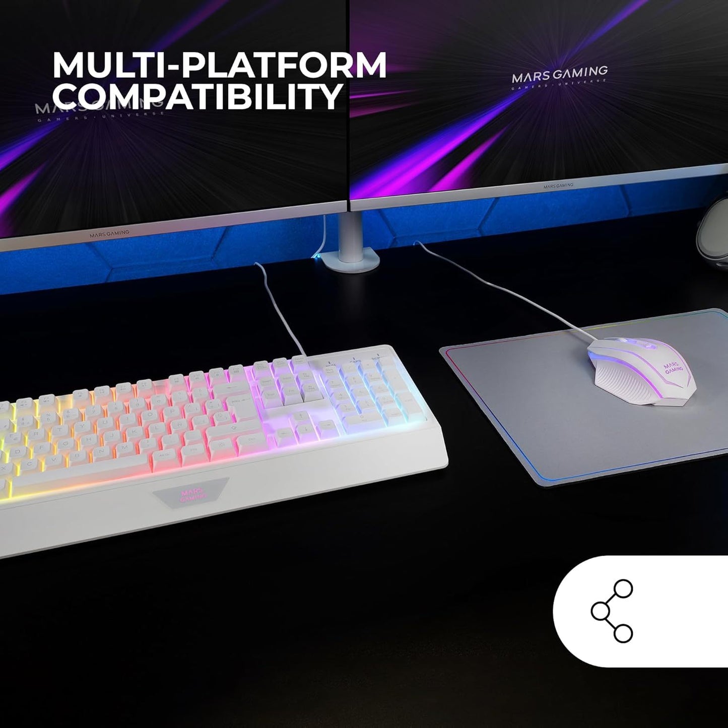 Mars Gaming MCP124, Combo Gaming 3en1, Teclado Ergonómico H-Mech LED RGB, Ratón RGB 3200DPI Switches HUANO, Alfombrilla Nanotextil 360x260mm, Compatibilidad Multiplataforma, Layout Francés, Blanco