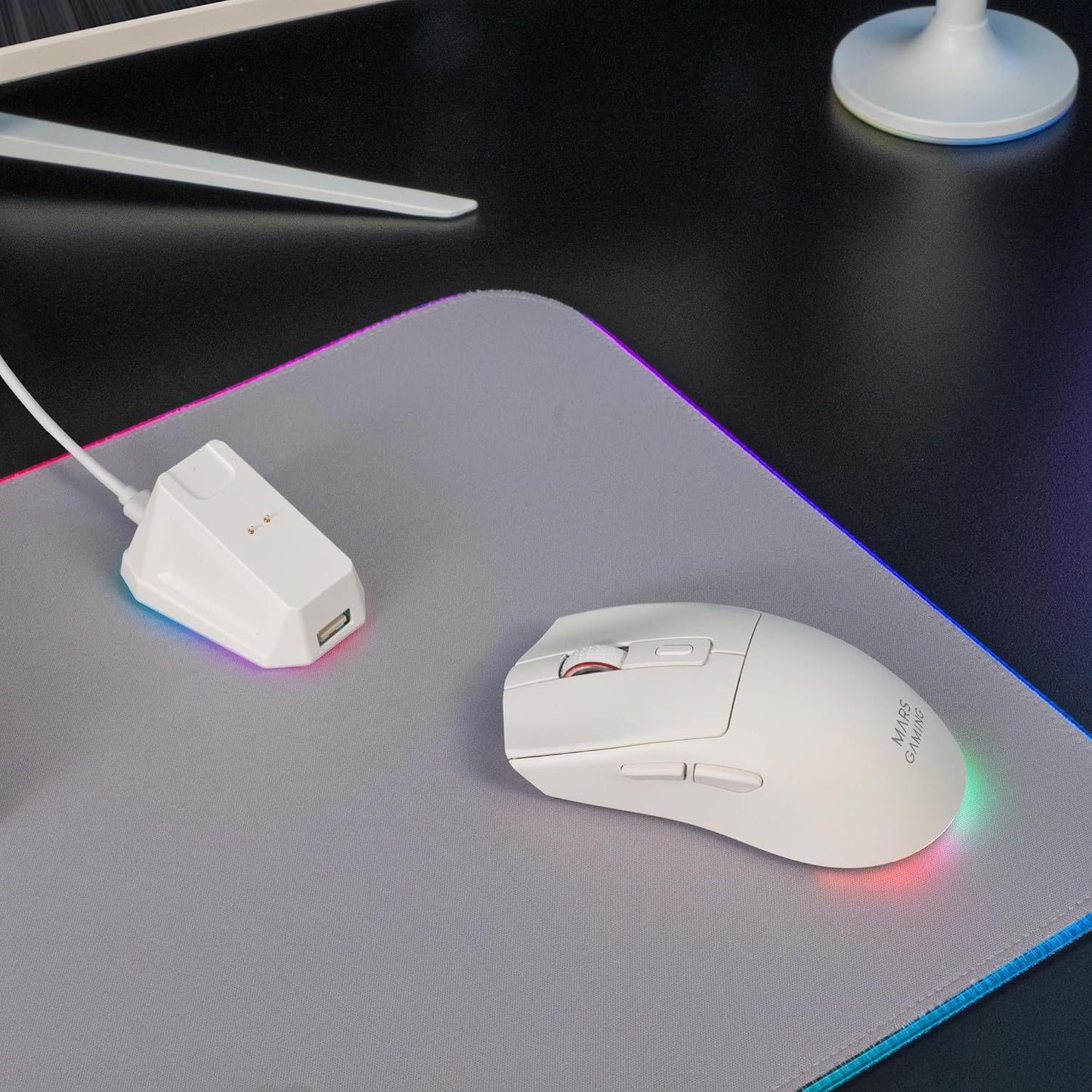 Mars Gaming MM-T3, Ratón Inalámbrico Ligero, Bluetooth 5.0 + 2.4GHz + Cable, Sensor Óptico PIXART PAW3104PRO 14400 dpi, Base de Carga Magnética RGB, Switches Huano, Software de Control, Blanco
