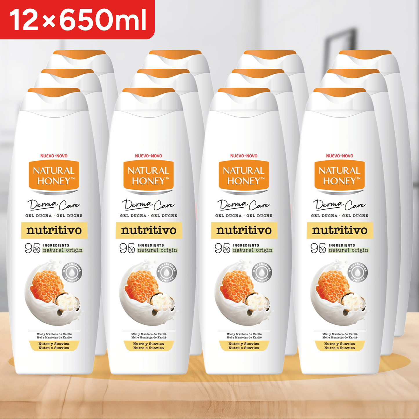 Natural Honey, Gel de Ducha Hidratante con Extracto de Miel y Manteca de Karité, Nutre y Suaviza para una Piel Suave, Fresca y Protegida, Línea Derma Care, 650 ml