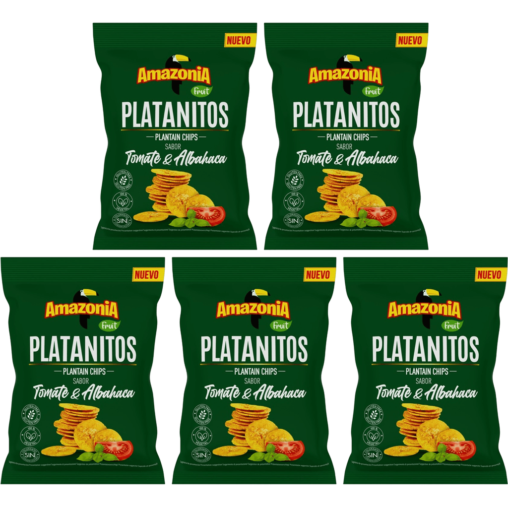 Amazonia Platanitos Sabor Tomate y Albahaca, Chips de Platano Sin GLuten, Sin Colorantes ni Conservantes, 75g cada Paquete