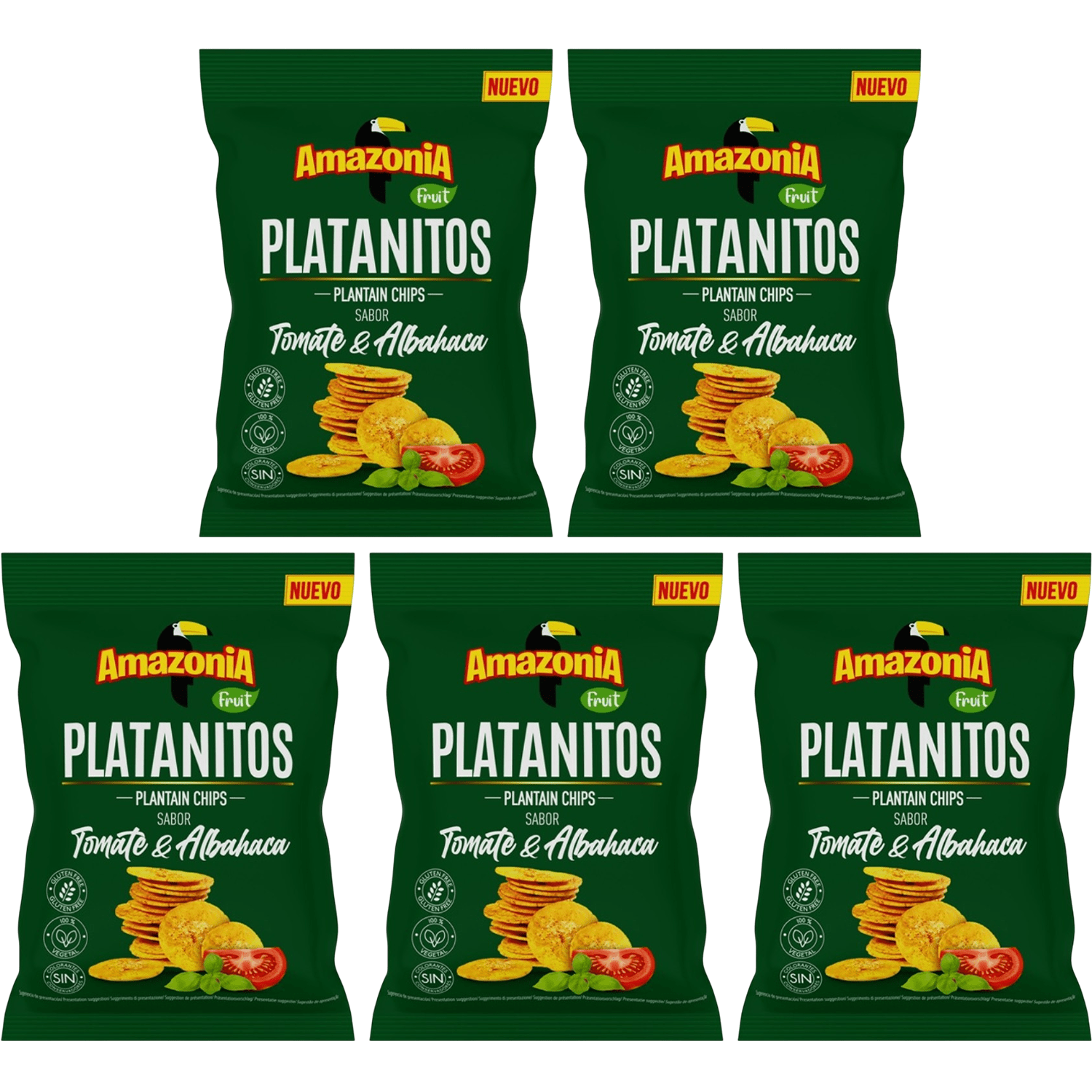 Amazonia Platanitos Sabor Tomate y Albahaca, Chips de Platano Sin GLuten, Sin Colorantes ni Conservantes, 75g cada Paquete