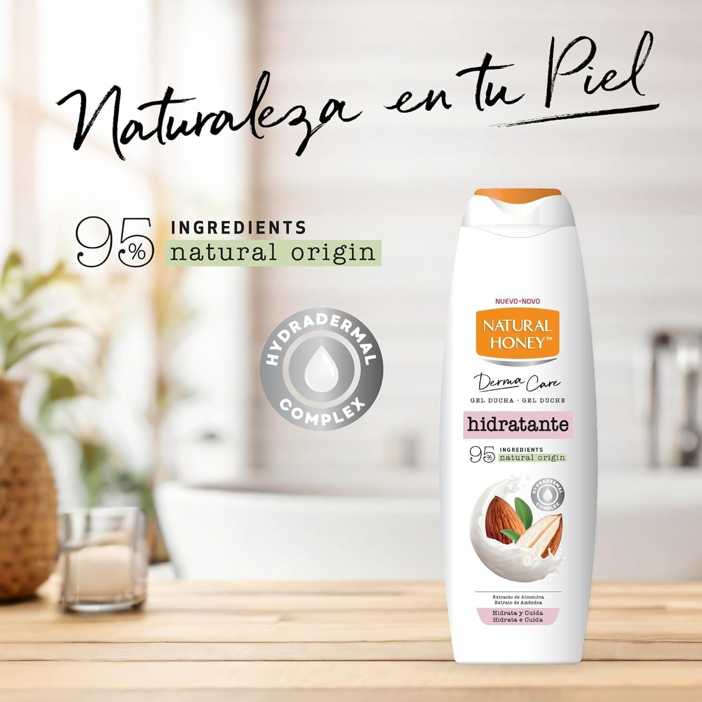 Natural Honey, Gel de Ducha Hidratante con Extracto de Almendras y Hydradermal Complex, Hidratación Intensa y Duradera para una Piel Suave, Fresca y Protegida, Línea Derma Care, 650 ml