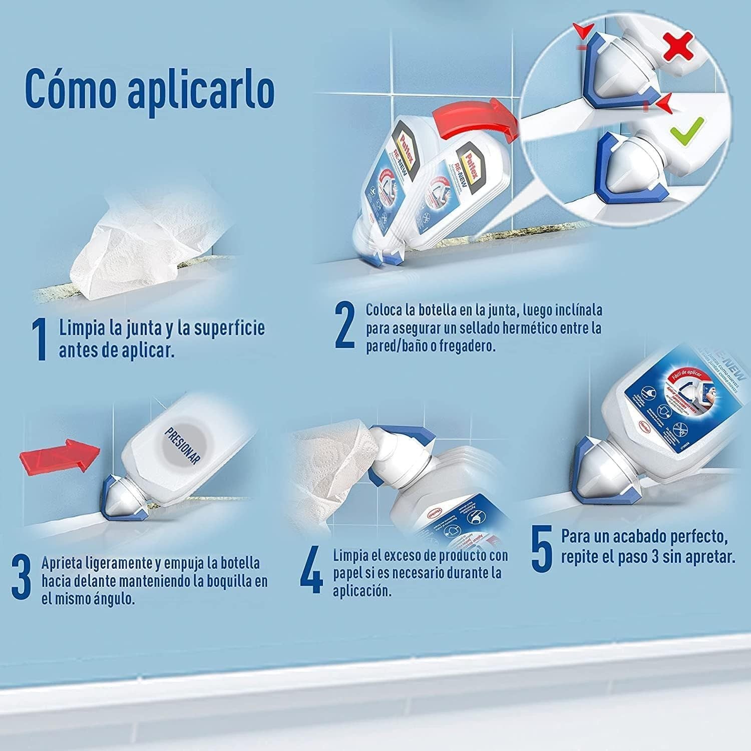Pattex RE-NEW, Silicona Blanca para Juntas, Juntas Limpias Fácilmente, Silicona Resistente, Sellador de Juntas de Cocina y Baño, 2 x 80ml