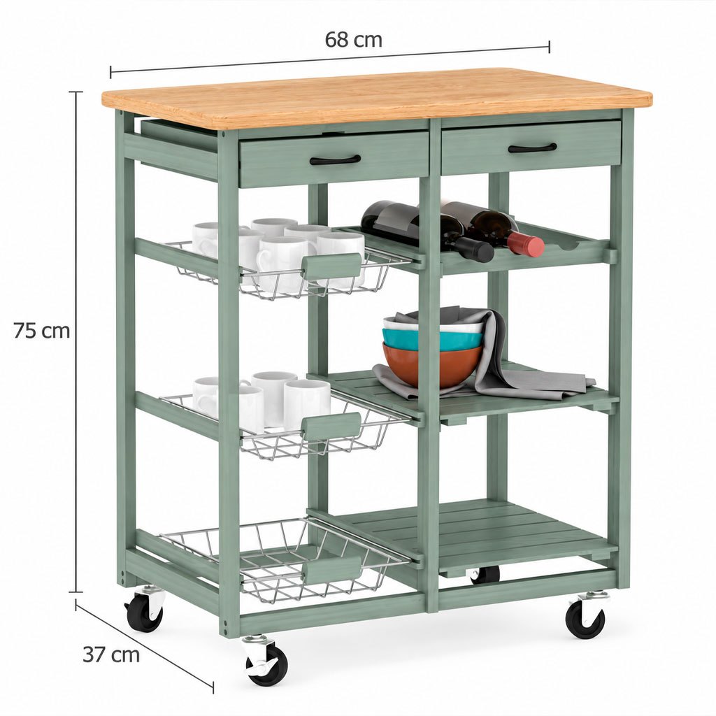 Carro Auxiliar de Cocina de Madera con Ruedas, Carrito Organizador con 2 Cajones, Estantes y Cestas Extraíbles, Diseño Multifuncional para Almacenamiento y Servicio, Verde, 68 x 37 x 75 cm