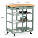 Carro Auxiliar de Cocina de Madera con Ruedas, Carrito Organizador con 2 Cajones, Estantes y Cestas Extraíbles, Diseño Multifuncional para Almacenamiento y Servicio, Verde, 68 x 37 x 75 cm