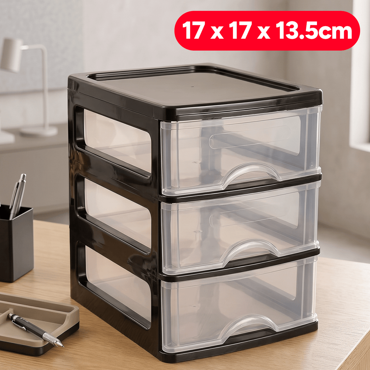 Cajonera Almacenamiento Plástico de Sobremesa, 3 Cajones, Ideal para Ordenar y Organizar el Hogar, Negro, 17 x 17 x 14cm