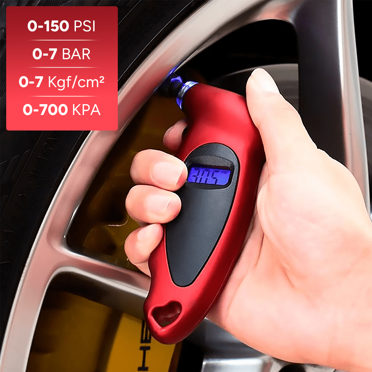 Manometro Neumaticos, Medidor de Presión de Neumáticos Digital con Pantalla LCD retroiluminada para Coche, 4 Ajustes, Rango presión: 0-150PSI o 0-7.0 BAR o 0-7.0Kgf / cm2 o 0-700Kpa, Controla el Desgaste de los Neumáticos
