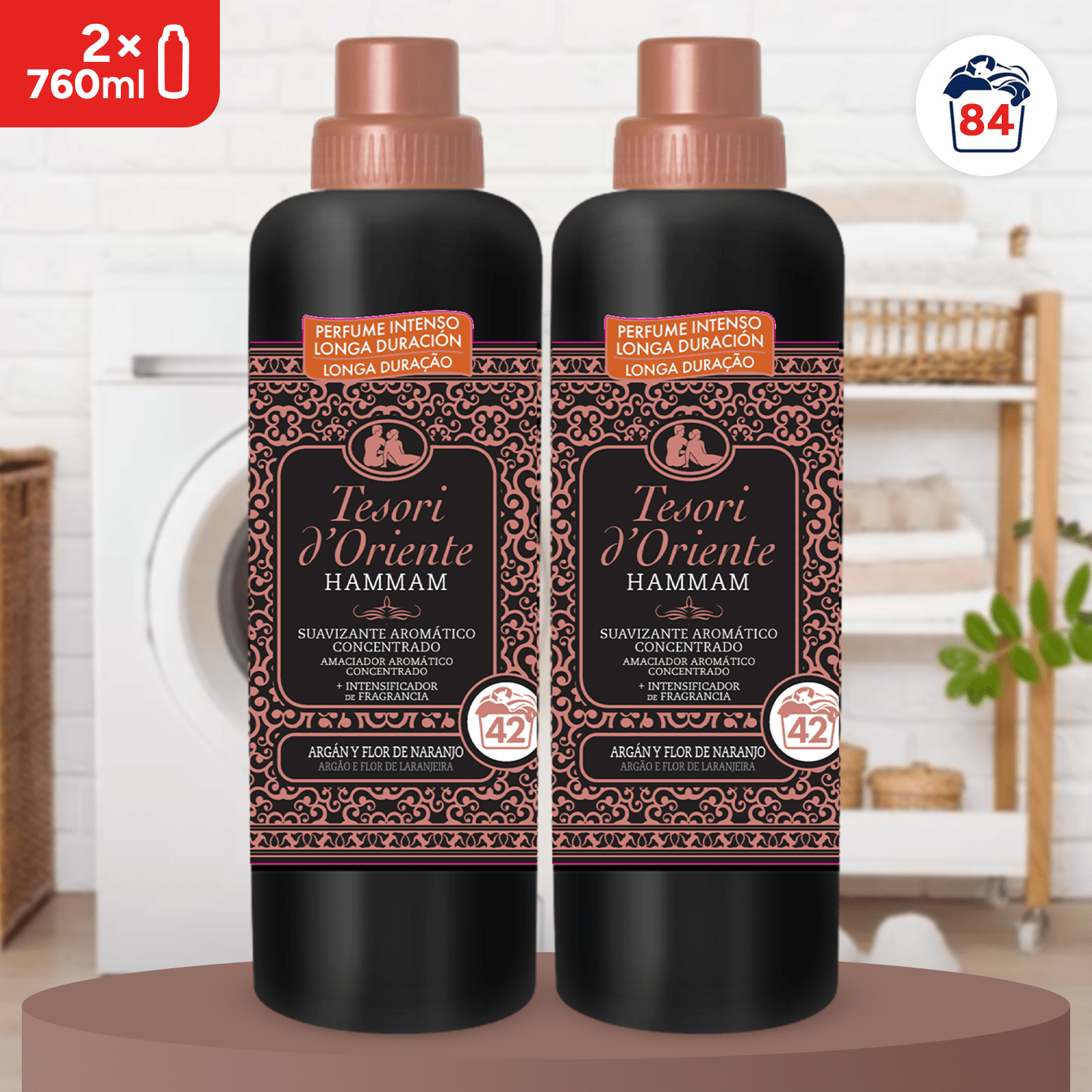 Tesori d'Oriente, Perfumador y Suavizante de Ropa Líquido Concentrado para Lavadora Hammam, Aroma de Argán y Flor de Naranjo, Microcápsulas para Fragancia Duradera, Facilita el Planchado, 760ml - 42 Lavados por Botella