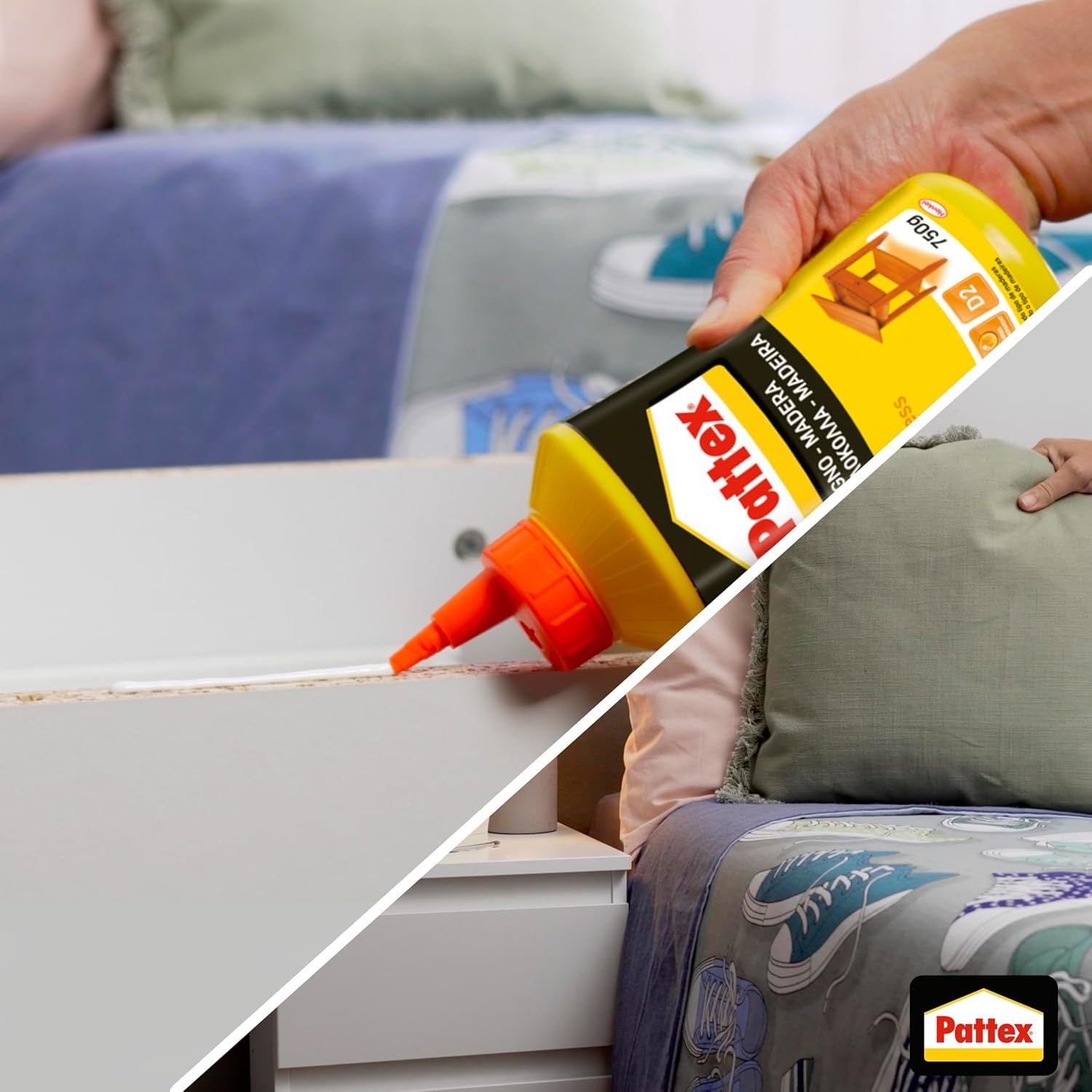 Pattex Cola para Madera Express Traslúcida, Cola de Contacto para Madera de Secado Rápido, Adhesivo de Montaje, Ensamblaje, Chapado y Laminado, Botella de 750 g