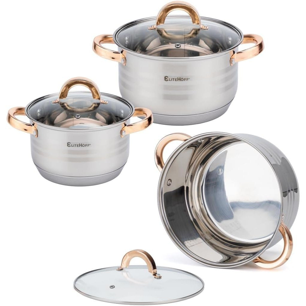 Batería de Cocina 12 Piezas, Juego de Ollas, Cazo y Sartén de Acero Inoxidable, Tapas Incluidas, Apto para Lavavajillas, Apto para Cocina Eléctrica, Gas, Vitrocerámica e Inducción
