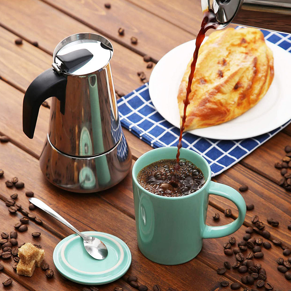 Cafetera Italiana 6 Tazas, Hecha de Acero Inoxidable, Mango Antiquemaduras, Compatible con Vitrocerámica, Gas, Inducción y Eléctrico, Capacidad de 440 gr de Café, Hasta 6 Tazas de Café, Fácil Limpieza