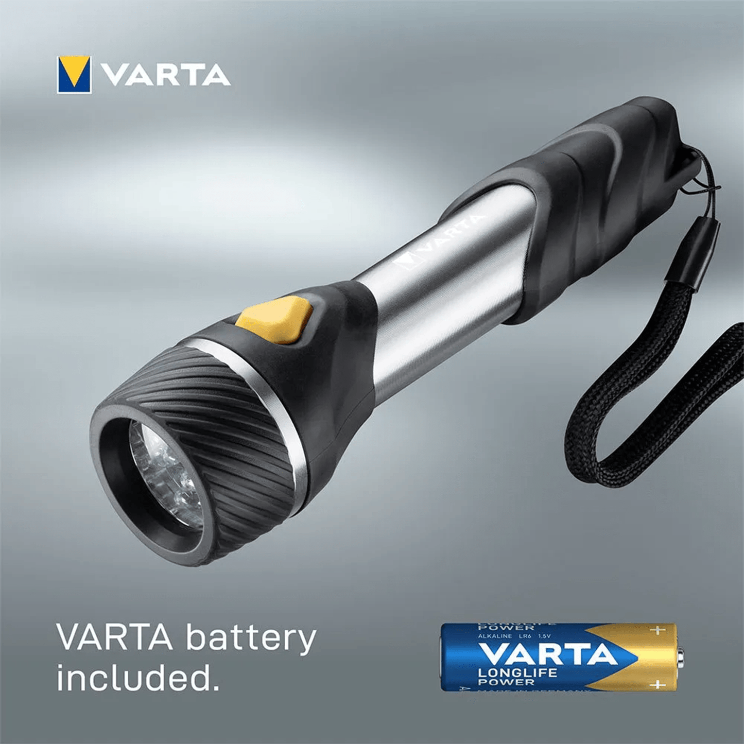 Linterna con Pilas, Multi LED, 20 Lumens, 8h de Duración, 20m de Alcance, Carcasa Resistente a Golpes, Correa de Mano Incluida, Funciona con 1 Pila AA (incluida), 12.6cm de Longitud - VARTA